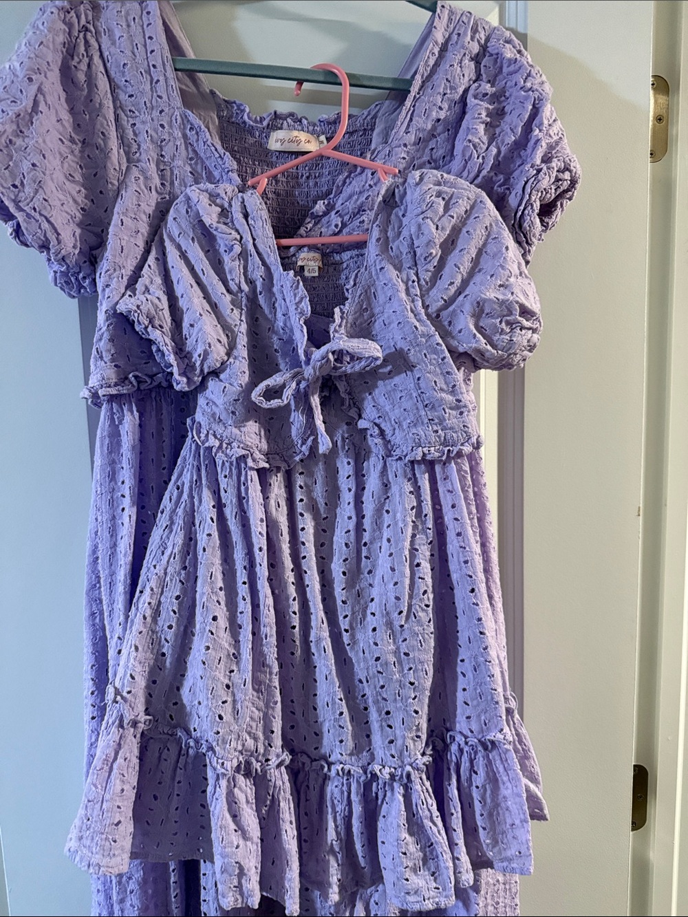 Mommy and me matching Lilac Eyelet Puff-SleeveDress with Tie Front